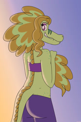 Size: 850x1280 | Tagged: safe, artist:suchosophie, derpibooru import, adagio dazzle, anthro, crocodile, equestria girls, clothes, digital art, female, looking at you, looking back, looking back at you, simple background, smiling, solo, swimsuit, tail