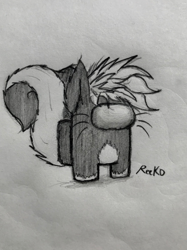 Size: 617x823 | Tagged: safe, artist:reekosukanku, derpibooru import, dark moon, graphite, oc, oc:reeko, skunk, among us, barely pony related, black and white, crewmate, fanart, grayscale, monochrome, skunk tail, traditional art