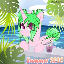 Size: 1080x1080 | Tagged: safe, artist:lacey.wonder, derpibooru import, oc, oc only, alicorn, pony, 2020, alicorn oc, cup, drink, horn, outdoors, smiling, solo, starry eyes, summer, swimming pool, two toned wings, wingding eyes, wings