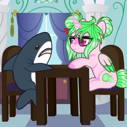 Size: 1080x1080 | Tagged: safe, artist:lacey.wonder, derpibooru import, oc, oc only, alicorn, pony, alicorn oc, chair, colored hooves, heart, horn, indoors, plushie, shark plushie, sitting, solo, starry eyes, two toned wings, wingding eyes, wings