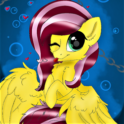 Size: 512x512 | Tagged: safe, derpibooru import, bright eyes, oc, oc:cutie roses, pegasus, pony, :p, blue background, bubble, bust, chest fluff, female, green eyes, heart, looking at you, mare, one eye closed, pegasus oc, pink mane, simple background, small mare, smiling, tongue out, wings, wink