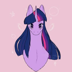 Size: 1024x1024 | Tagged: safe, artist:terato.lust, derpibooru import, twilight sparkle, unicorn twilight, pony, unicorn, bust, female, mare, pink background, simple background, solo