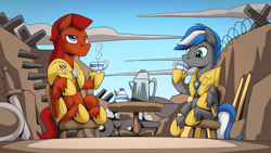 Size: 2560x1440 | Tagged: safe, artist:mysticalpha, derpibooru import, oc, oc only, oc:captain sunride, oc:cloud zapper, pegasus, pony, armor, barbed wire, cup, food, male, pegasus oc, royal guard, royal guard armor, shield, stallion, sword, table, tea, teacup, weapon, wings