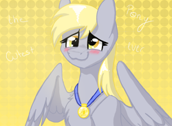 Size: 3000x2200 | Tagged: safe, artist:karathepony, derpibooru import, derpy hooves, pegasus, pony, abstract background, blushing, bust, female, mare, medal, portrait, smiling, solo, spread wings, three quarter view, wings