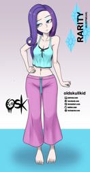 Size: 984x1860 | Tagged: safe, alternate version, artist:oldskullkid, derpibooru import, rarity, human, barefoot, belly button, clothes, feet, hand, hand on hip, humanized, light skin, midriff, pajamas, sleeveless