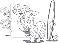 Size: 1476x1099 | Tagged: safe, artist:nauyaco, derpibooru import, starlight glimmer, sunburst, trixie, pony, accessory theft, cape, clothes, clothing theft, hat, mirror, monochrome, robe, starlight wearing sunburst's robe, starlight wearing trixie's hat, sunburst's robe, trixie's hat