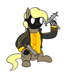 Size: 1722x1911 | Tagged: safe, artist:luxqsd, derpibooru exclusive, derpibooru import, oc, oc only, oc:perseus, earth pony, pony, clothes, dual wield, gun, male, mask, my friend pedro, shirt, simple background, solo, stallion, uzi, weapon, white background