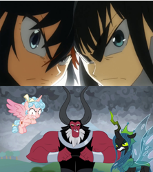 Size: 1920x2160 | Tagged: safe, derpibooru import, edit, edited screencap, screencap, cozy glow, lord tirek, queen chrysalis, alicorn, centaur, changeling, changeling queen, human, pony, season 9, the ending of the end, alicornified, anime, cozycorn, crossover, female, kill la kill, male, race swap, ryuko matoi, satsuki kiryuin, studio trigger