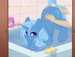 Size: 2571x1950 | Tagged: source needed, useless source url, safe, artist:evlass, derpibooru import, trixie, human, pony, unicorn, fanfic:первопроходец, bathing, face down ass up, faceless male, fanfic art, female, looking at you, male, mare, offscreen character, water