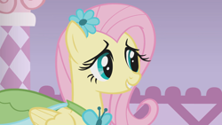 Size: 1920x1080 | Tagged: safe, derpibooru import, screencap, fluttershy, pegasus, pony, suited for success, clothes, dress, female, flower, flower in hair, gala dress, mare, solo