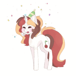 Size: 500x500 | Tagged: safe, artist:bubblegum, derpibooru import, oc, oc only, oc:scarlet serenade, pony, unicorn, animated, blushing, celebration, confetti, cute, female, gif, happy, hat, mare, ocbetes, party, party hat, party horn, solo