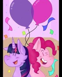 Size: 733x917 | Tagged: safe, alternate version, artist:van_goghing_to_draw, derpibooru import, pinkie pie, twilight sparkle, unicorn twilight, earth pony, pony, unicorn, :d, balloon, confetti, duo, female, mare, one eye closed, smiling, wink