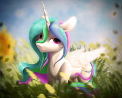 Size: 1437x1152 | Tagged: safe, artist:itssim, derpibooru import, princess celestia, alicorn, pony, cloud, female, grass, mare, nature, smiling, solo, sunlight, wings