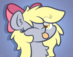 Size: 3250x2560 | Tagged: safe, artist:kimjoman, derpibooru import, derpy hooves, pegasus, pony, :p, alternate hairstyle, blue background, bow, chest fluff, cute, derpabetes, ear fluff, female, hair bow, long hair, long mane, mare, one eye closed, simple background, solo, tongue out, wink