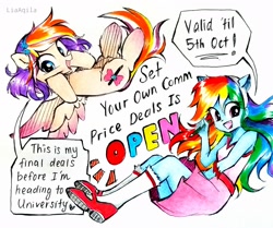 Size: 2442x2046 | Tagged: safe, artist:liaaqila, derpibooru import, rainbow dash, oc, oc:qilala, human, pegasus, pony, equestria girls, advertisement, clothes, community related, cute, dashabetes, dress, humanized, ocbetes, pencil, pony ears, promotional art, simple background, white background