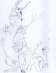 Size: 981x1280 | Tagged: safe, artist:aliciavanhammer, derpibooru import, discord, fluttershy, draconequus, pegasus, pony, blushing, butt, discoshy, female, flirting, flutterbutt, male, pencil drawing, plot, shipping, shrunken pupils, sketch, spanking, straight, surprised, this will end in snu snu, traditional art, wing hands, wings