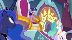 Size: 1920x1080 | Tagged: safe, derpibooru import, screencap, princess celestia, princess luna, twilight sparkle, twilight sparkle (alicorn), alicorn, pony, the ending of the end, throne, throne room