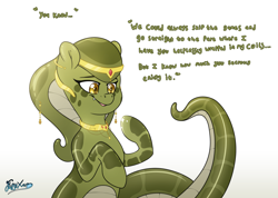 Size: 3514x2502 | Tagged: safe, artist:fluffyxai, derpibooru import, oc, oc:melyssa, lamia, original species, snake, coy, looking at hoof, smiling, speech, talking