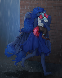 Size: 1280x1600 | Tagged: safe, artist:margony, derpibooru import, princess luna, oc, alicorn, anthro, plantigrade anthro, unicorn, barefoot, clothes, colt, dirt, dirty, dirty feet, dress, escape, feet, female, male, pants, praise the moon, puddle, rain, rescue, running, shoes, torn clothes, wet