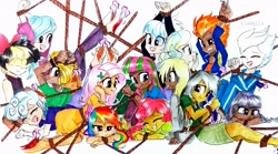 Size: 3532x1968 | Tagged: safe, artist:liaaqila, derpibooru import, blossomforth, cloudchaser, daring do, derpy hooves, fleetfoot, flitter, fluttershy, inky rose, lightning dust, rainbow dash, rolling thunder, songbird serenade, spitfire, strawberry sunrise, vapor trail, human, my little pony: the movie, barefoot, bondage, bound wrists, bow, clothes, commission, crying, dark skin, dress, eyes closed, feather, feet, female, fetish, foot fetish, grin, gritted teeth, hair bow, humanized, jacket, jeans, laughing, open mouth, pants, rainbow dash is not amused, rope, rope bondage, shirt, simple background, sitting, sitting on person, skirt, sleeveless, sleeveless sweater, smiling, soles, sweater, sweatpants, t-shirt, tears of laughter, tickle torture, tickling, traditional art, unamused, white background