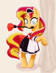 Size: 1040x1349 | Tagged: safe, artist:ikarooz, derpibooru import, sunset shimmer, pony, unicorn, bipedal, clothes, curtain, cute, dress, duster, female, frog (hoof), hoofbutt, maid, mare, mouth hold, shimmerbetes, solo, underhoof