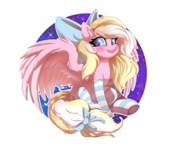 Size: 4096x3448 | Tagged: safe, artist:ask-colorsound, derpibooru import, oc, oc only, oc:bay breeze, pegasus, pony, blushing, bow, clothes, cute, female, hair bow, looking at you, mare, ocbetes, simple background, sitting, socks, solo, spread wings, starry eyes, striped socks, tail bow, underhoof, white background, wingding eyes, wings