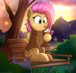 Size: 4096x3923 | Tagged: safe, artist:feital-zebra, derpibooru import, fluttershy, pegasus, pony, bench, clothes, cross-eyed, female, folded wings, food, grass, high res, hoof hold, ice cream, ice cream on nose, icing on nose, lake, looking at self, looking at something, mare, mountain, outdoors, raised hoof, river, sitting, solo, sunset, sweater, sweatershy, three quarter view, tongue out, tree, water, wings