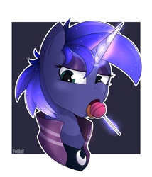 Size: 3000x3500 | Tagged: safe, artist:feital-zebra, derpibooru import, princess luna, alicorn, pony, bust, candy, clothes, female, food, glowing horn, high res, horn, licking, lollipop, looking at you, magic, mare, open mouth, outline, portrait, simple background, solo, three quarter view, tongue out, white outline
