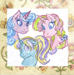 Size: 770x776 | Tagged: safe, artist:skypinpony, derpibooru import, dewdrop dazzle, lulu luck, starbeam twinkle, g1, g4, eyes closed, female, traditional art, trio, trio female