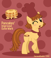 Size: 550x628 | Tagged: safe, artist:caramelcookie, derpibooru import, oc, oc:pancakes, earth pony, blushing, chef's hat, earth pony oc, female, hat, one eye closed, solo, tongue out, wink