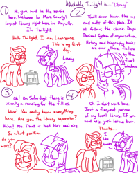 Size: 4779x6013 | Tagged: safe, artist:adorkabletwilightandfriends, derpibooru import, twilight sparkle, twilight sparkle (alicorn), oc, oc:lawrence, alicorn, comic:adorkable twilight and friends, adorkable, adorkable twilight, book, book cart, bookhorse, conversation, cute, dork, glasses, humor, introduction, kindness, library, necktie, passion, slice of life, that pony sure does love books