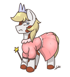 Size: 1000x1100 | Tagged: safe, artist:chebypattern, derpibooru import, oc, oc only, oc:warhawk, annoyed, magic wand, patreon, patreon reward, plushie pony, princess outfit, solo, trasnparent background