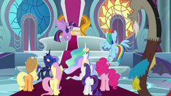 Size: 1920x1080 | Tagged: safe, derpibooru import, screencap, applejack, discord, fluttershy, pinkie pie, princess celestia, princess luna, rainbow dash, rarity, twilight sparkle, twilight sparkle (alicorn), alicorn, earth pony, pegasus, pony, unicorn, the ending of the end, applebutt, balloonbutt, butt, flutterbutt, mane six, rainbutt dash, rearity, throne, throne room