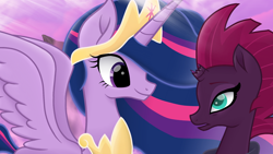 Size: 1920x1080 | Tagged: safe, artist:sallyso, derpibooru import, fizzlepop berrytwist, princess twilight 2.0, tempest shadow, twilight sparkle, twilight sparkle (alicorn), alicorn, pony, unicorn, the last problem, alternate hairstyle, broken horn, clothes, crown, duo, female, horn, jewelry, mare, open mouth, regalia, scarf, size difference