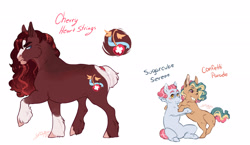 Size: 2578x1494 | Tagged: safe, artist:yozora122, derpibooru import, oc, oc only, oc:cherry heart strings, oc:confetti parade, oc:sugarcube serene, earth pony, pony, female, filly, half-siblings, male, offspring, parent:cheese sandwich, parent:pinkie pie, parent:trouble shoes, parents:cheesepie, parents:trouble pie, simple background, stallion, white background