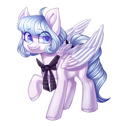 Size: 1735x1803 | Tagged: safe, artist:helemaranth, derpibooru import, oc, oc only, pegasus, pony, bow, eye clipping through hair, pegasus oc, raised hoof, simple background, smiling, solo, transparent background, wings