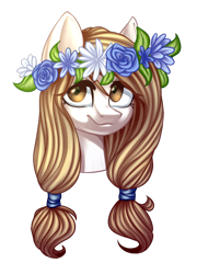 Size: 1408x1956 | Tagged: safe, artist:helemaranth, derpibooru import, oc, oc only, earth pony, pony, bust, earth pony oc, floral head wreath, flower, simple background, smiling, solo, transparent background