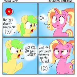 Size: 1414x1414 | Tagged: safe, artist:swivel starsong, derpibooru import, luster dawn, oc, pony, unicorn, bell, comic, female, luster dawn is not amused, school