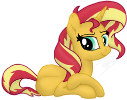 Size: 1282x1014 | Tagged: safe, artist:soctavia, derpibooru import, sunset shimmer, pony, unicorn, adorasexy, bedroom eyes, cute, female, looking at you, lying down, mare, sexy, shimmerbetes, simple background, solo, transparent background