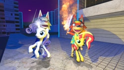 Size: 1280x720 | Tagged: safe, artist:horsesplease, derpibooru import, rarity, sunset shimmer, pony, unicorn, wolf, 3d, animal crossing, animal crossing: new horizons, audie (animal crossing), female, fire, fire sword, flaming sword, gmod, magic, sword, weapon, whitney (animal crossing), wolves riding ponies