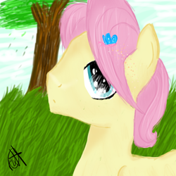 Size: 1000x1000 | Tagged: safe, artist:oceanhorse00, derpibooru import, butterscotch, fluttershy, butterfly, pegasus, pony, day, male, rule 63, solo, tree