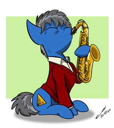 Size: 1808x2028 | Tagged: safe, artist:buckweiser, derpibooru import, oc, oc only, oc:buckminster, jazz, male, musical instrument, saxophone, sitting, solo, stallion