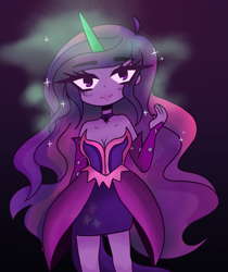 Size: 1719x2048 | Tagged: safe, artist:prizecow, derpibooru import, midnight sparkle, sci-twi, twilight sparkle, equestria girls, bare shoulders, breasts, cleavage, female, glowing horn, gradient background, horn, solo, sparkles, wingless