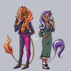 Size: 1620x1620 | Tagged: safe, artist:sorisketches, derpibooru import, starlight glimmer, sunset shimmer, human, clothes, dark skin, dress, horn, horned humanization, humanized, tailed humanization