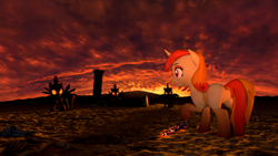 Size: 3840x2160 | Tagged: safe, artist:twilighlot, derpibooru import, oc, oc:arcane flame, 3d, dessert, eye, eyes, glow, sand, solarflareseries, solarguard, source filmmaker, sun