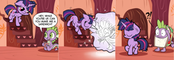 Size: 2306x800 | Tagged: safe, artist:wadusher0, derpibooru import, spike, twilight sparkle, unicorn twilight, dragon, pony, unicorn, ask, ask pun, food, golden oaks library, magic, morning ponies, sandwich