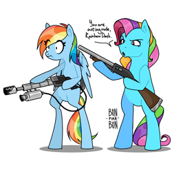 Size: 4000x4000 | Tagged: safe, artist:bonpikabon, derpibooru import, rainbow dash, rainbow dash (g3), earth pony, pegasus, pony, bipedal, duality, duo, female, flamethrower, generation leap, generational ponidox, gun, hoof hold, mare, missing cutie mark, oh crap, open mouth, raised hoof, shotgun, simple background, this will end in death, this will end in tears, this will end in tears and/or death, unamused, weapon, white background