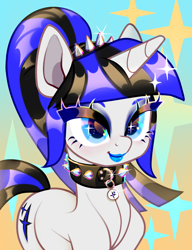 Size: 2800x3650 | Tagged: source needed, safe, artist:rrd-artist, derpibooru import, oc, oc only, oc:coldlight bluestar, pony, unicorn, bust, collar, cute, cutie mark, eyebrows, eyeliner, eyeshadow, female, horn, jewelry, lipstick, makeup, mare, ponytail, solo, spikes, tiara