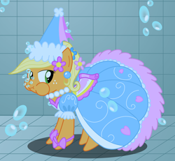 Size: 2700x2500 | Tagged: safe, artist:bladedragoon7575, derpibooru import, applejack, earth pony, pony, look before you sleep, bubble, clothes, dress, female, froufrou glittery lacy outfit, hennin, holding breath, solo, swimming pool, underwater