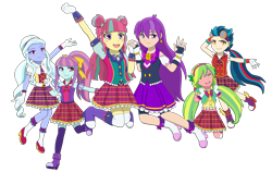 Size: 2560x1620 | Tagged: safe, artist:fantasygerard2000, derpibooru import, indigo zap, lemon zest, sour sweet, sugarcoat, sunny flare, oc, oc:magus eveningstar, human, equestria girls, friendship games, boots, bow, clothes, dress, ear piercing, earring, female, gloves, goggles, hair bun, headphones, jewelry, piercing, ponytail, ribbon, shadow five, shadowbolts, shoes, simple background, skirt, stockings, thigh highs, transparent background